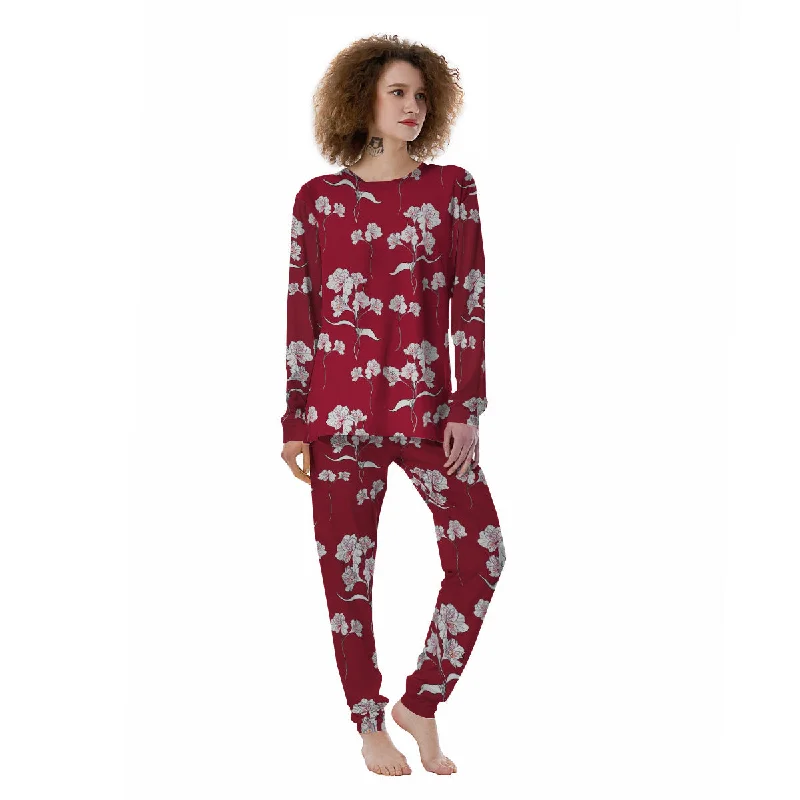 White Alstroemeria Red Print Pattern Women's Pajamas