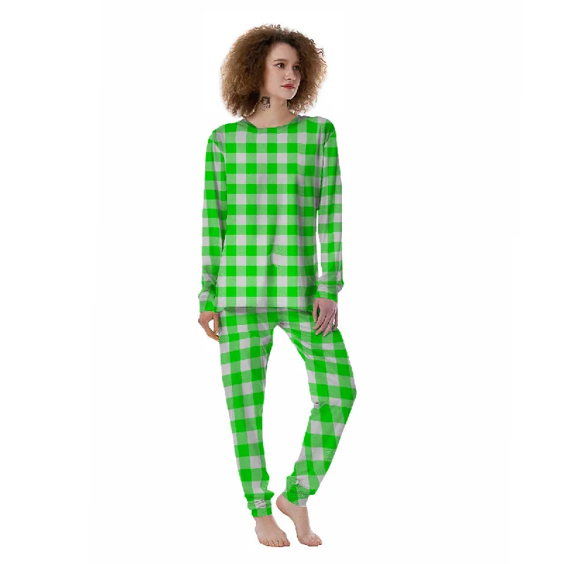 White Buffalo Check And UFO Green Print Pattern Women's Pajamas