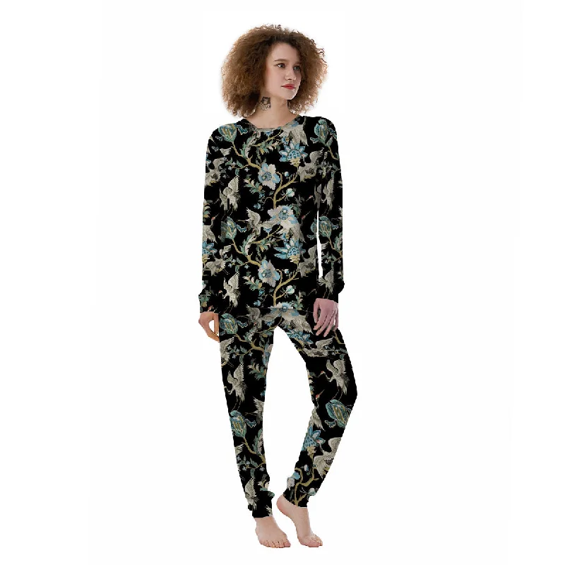 White Cranes Japanese Black Print Pattern Women's Pajamas