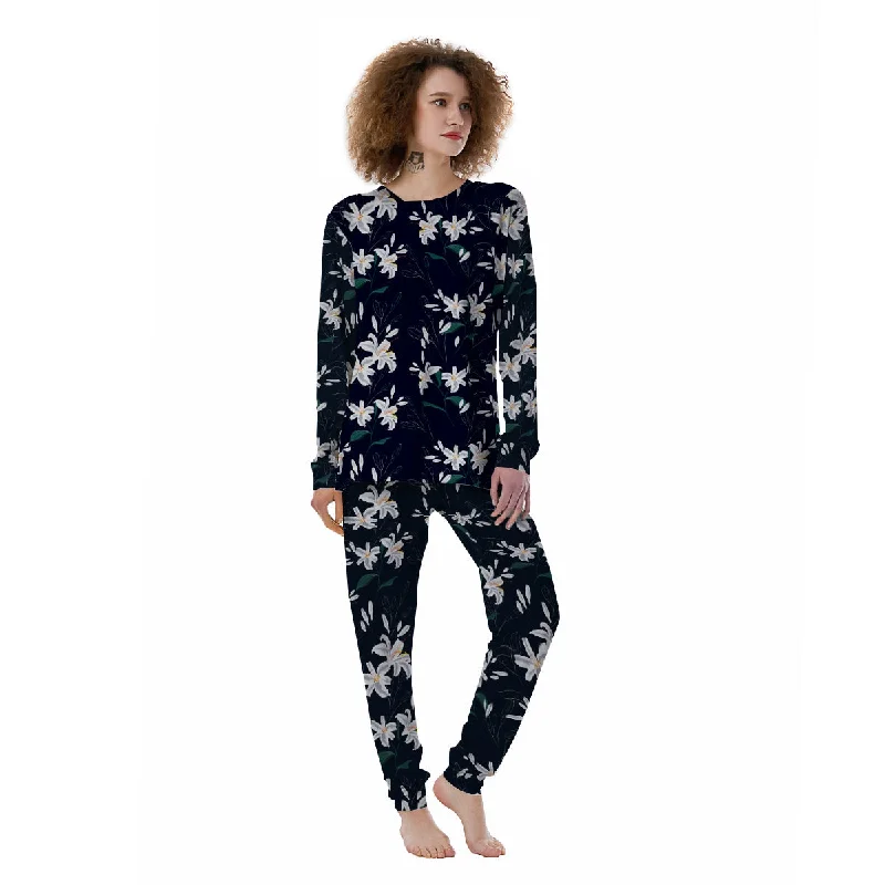 White Lily Black Print Pattern Women's Pajamas