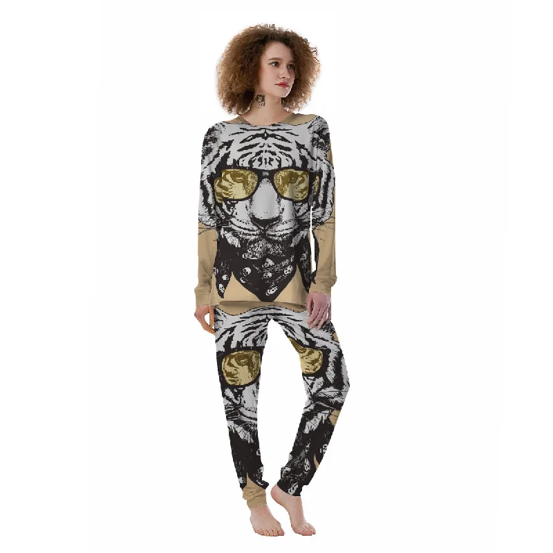 White Tiger With Sunglasses Print Pattern Women's Pajamas