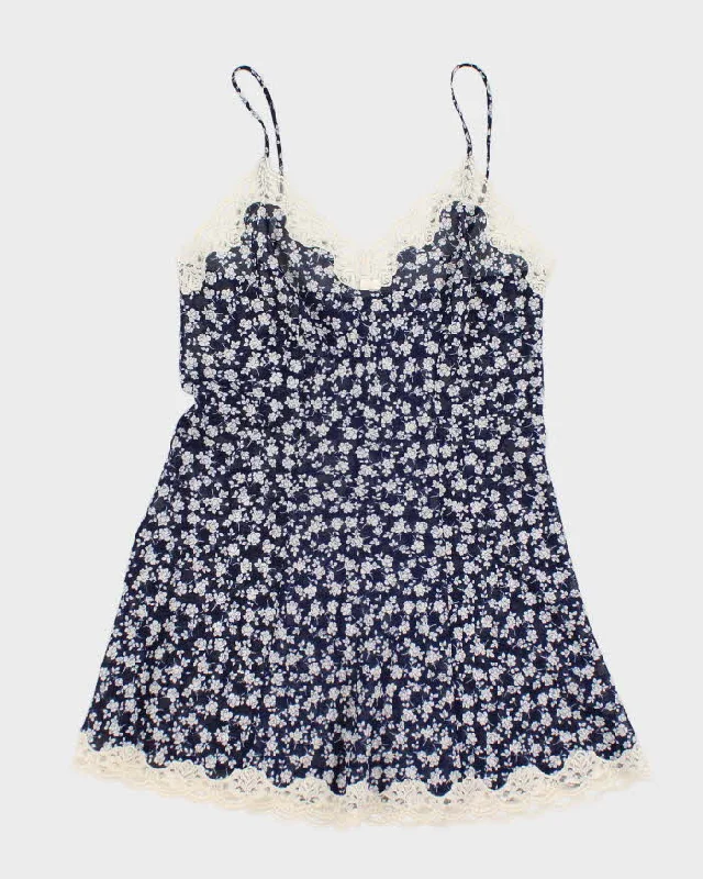 Y2k 00s Blue Mesh Floral Slip Dress - S