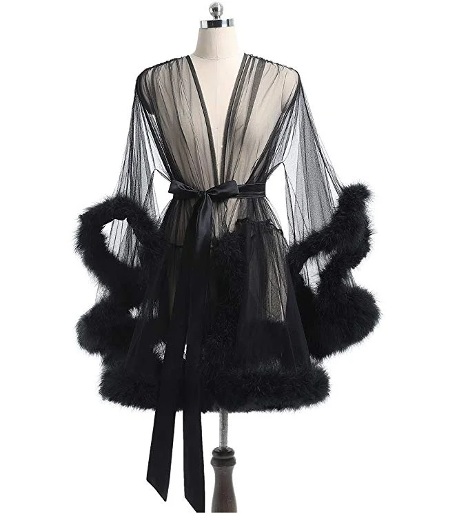 Short Black Marabou Fur Edge Robe RB1332