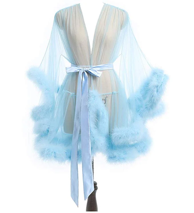 Short Sky Blue Marabou Fur Edge Robe RB1332