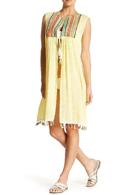 Yellow Embroidered Sleeveless Kimono Cover Up Top with Tassels