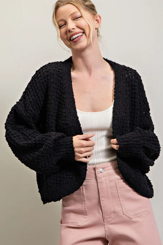 Black Cropped Chunky Open Knit Cardigan