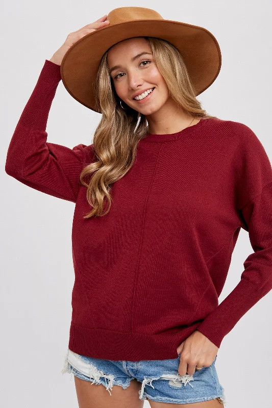 Burgundy Rib Knit Exposed Seam Sweater