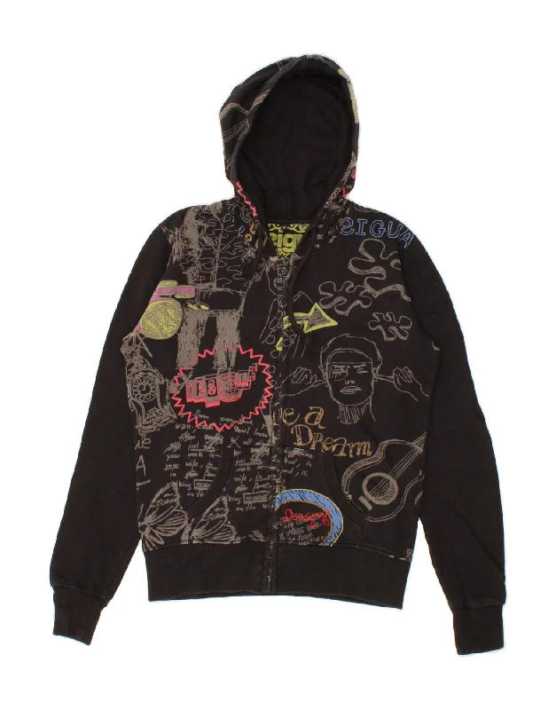 DESIGUAL Womens Abstract Pattern Graphic Zip Hoodie Sweater UK 18 XL Black