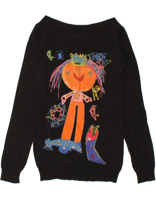 DESIGUAL Womens Graphic Boat Neck Jumper Sweater UK 10 Small Black Cotton