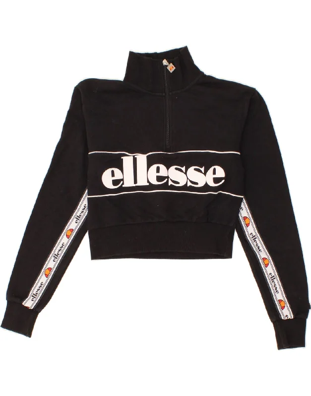 ELLESSE Womens Crop Graphic Zip Neck Sweatshirt Jumper UK 8 Small Black