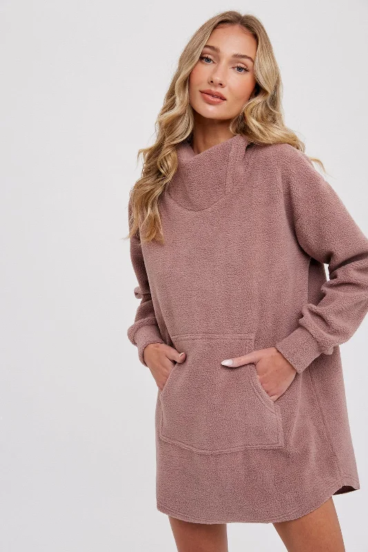 Mauve Fleece Hooded Long Sweater