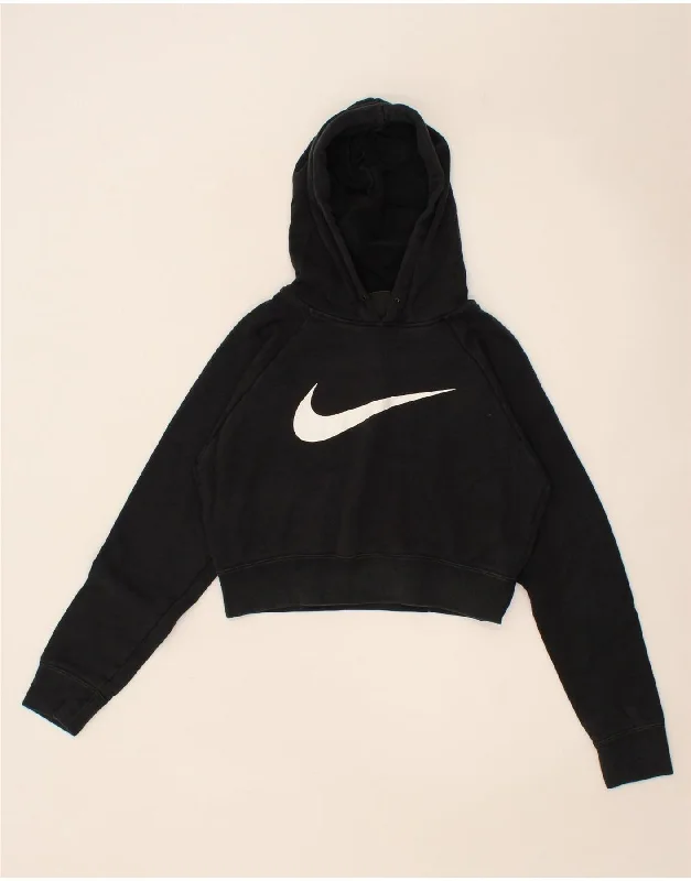 NIKE Womens Crop Graphic Hoodie Jumper UK 14 Medium Black Cotton