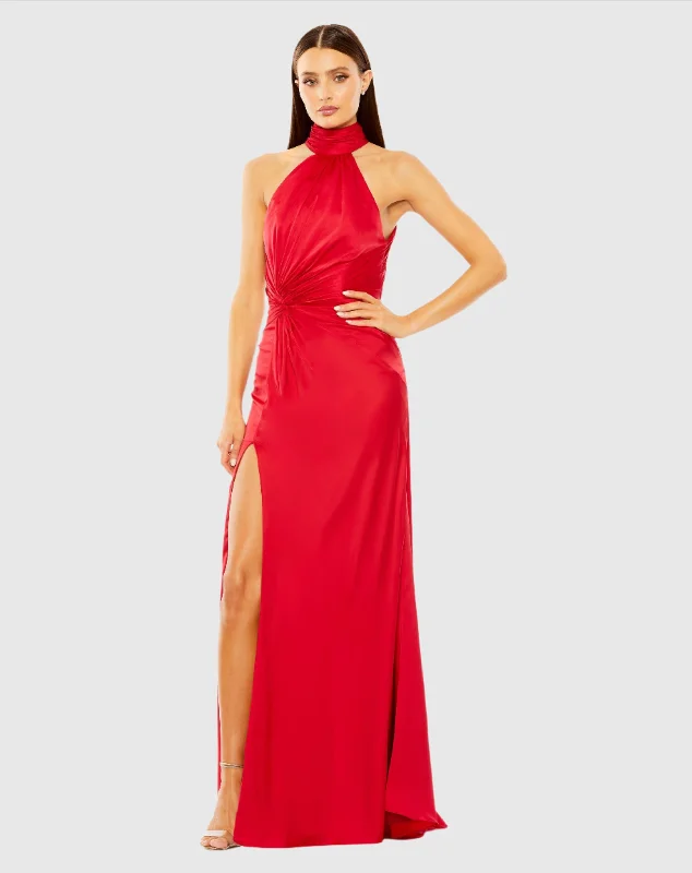 Red Open Back High Neck Side Ruched Gown