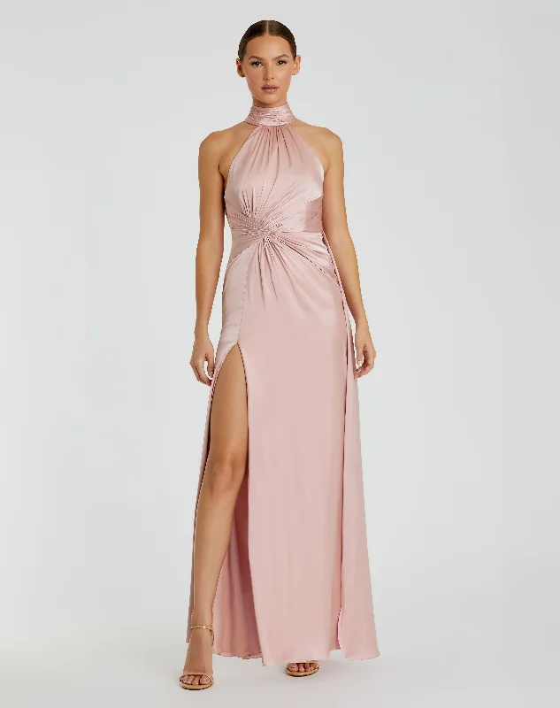 Light Pink Open Back High Neck Side Ruched Gown