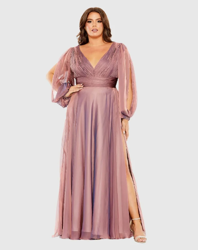 Puff Sleeve w/ Embellished Cuff V Neck A Line Gown