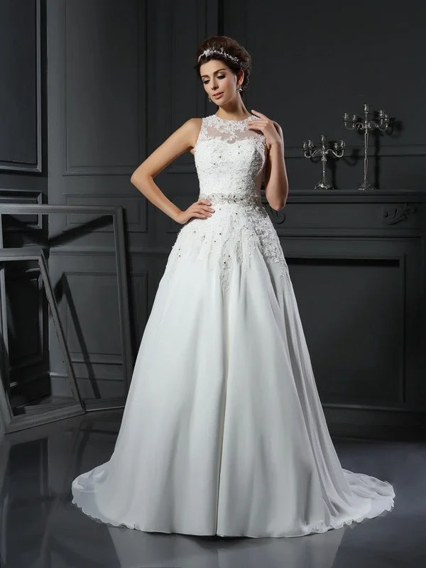 A-Line/Princess High Neck Beading Sleeveless Long Chiffon Wedding Dresses