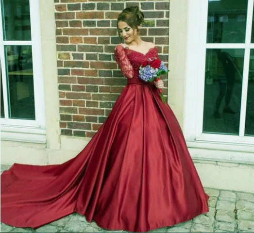 G429, Dark Wine Satin Semi Off Shoulder Full Sleeves Prewedding Shoot Trail Ball Gown, Size (XS-30 to XXL-44)