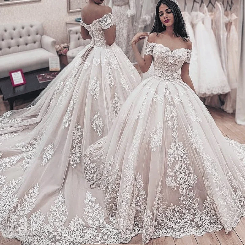 off the shoulder lace appliqué ball gown wedding dresses 2020 short sleeve boho elegant chapel train bridal gown