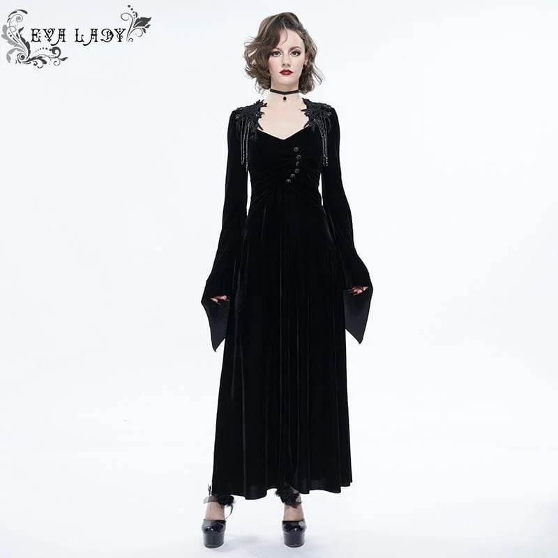 Women's Gothic Flare Sleeved Velet Maxi Wedding Dress with Shoulder Boards Black