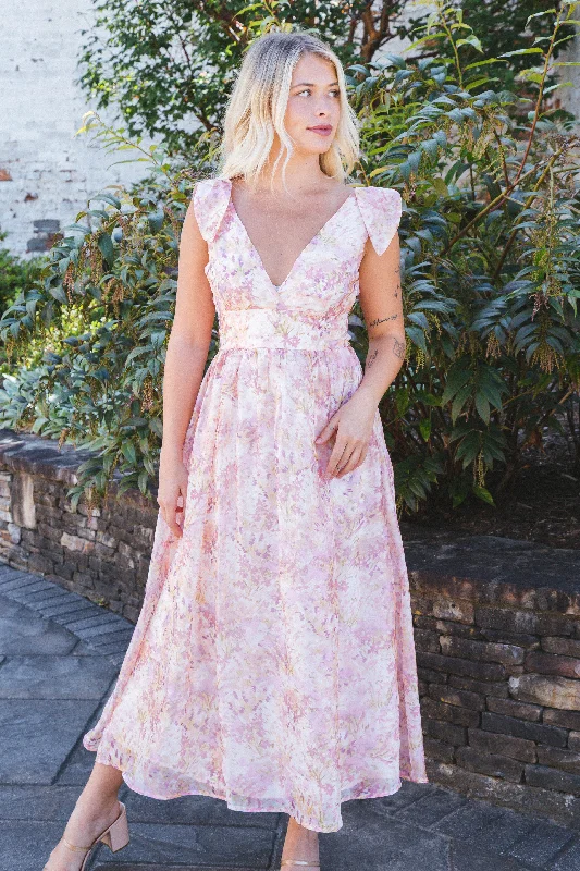 Serena Floral Midi Dress, Blush/Lavender/Apricot