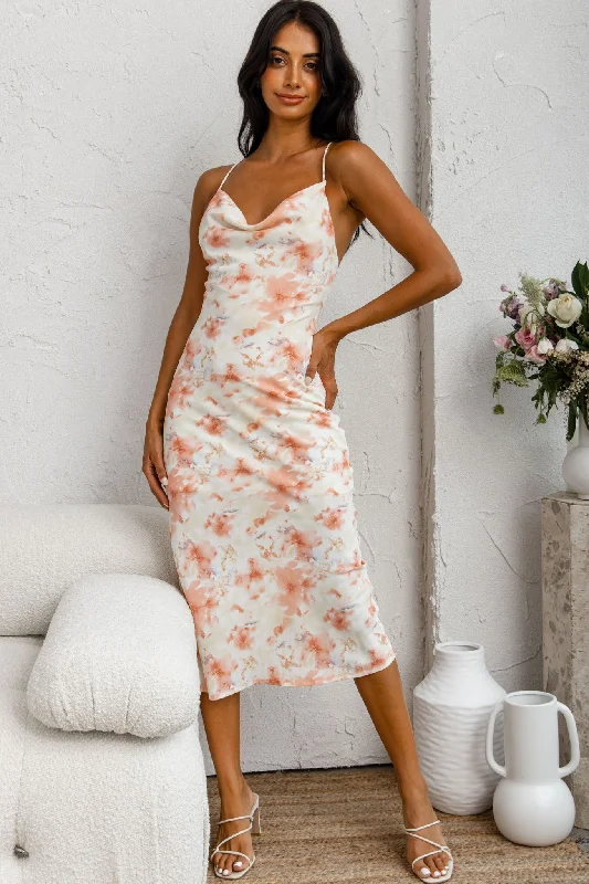 Show Me Love Cowl Neck Midi Dress Watercolor Floral Print Pink