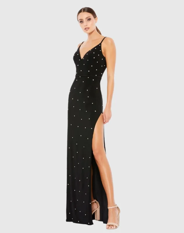 Rhinestone Embellished V-Neck Gown