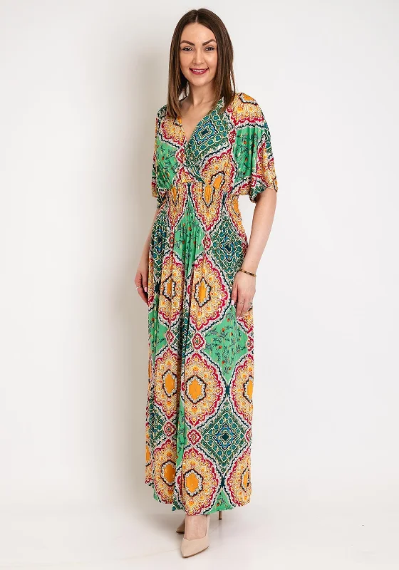 Serafina Collection One Size Ornate Print Maxi Dress, Green Multi