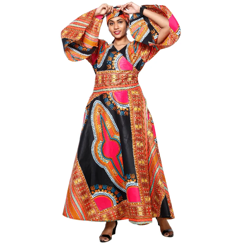 Women's Dashiki Long Sleeve Maxi Wrap Dress -- FI-D56D