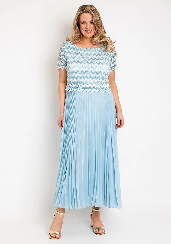 Allison Zig Zag Lace Overlay Pleated Maxi Dress, Sky Blue