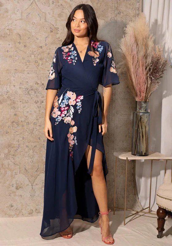 Hope & Ivy Gisela Embroidered Flutter Sleeve Maxi Wrap Dress, Navy