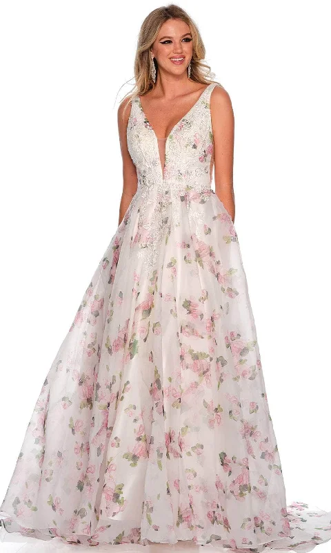 Dave & Johnny 11427 - Plunging V-Neck Floral Printed Prom Gown