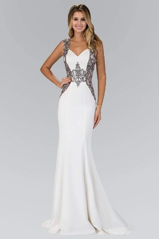 Elizabeth K GL1347 Embellished Lace Applique Sheath Gown in Ivory