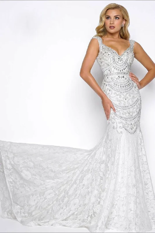 Mac Duggal Crystal Draped Lace Mermaid Gown