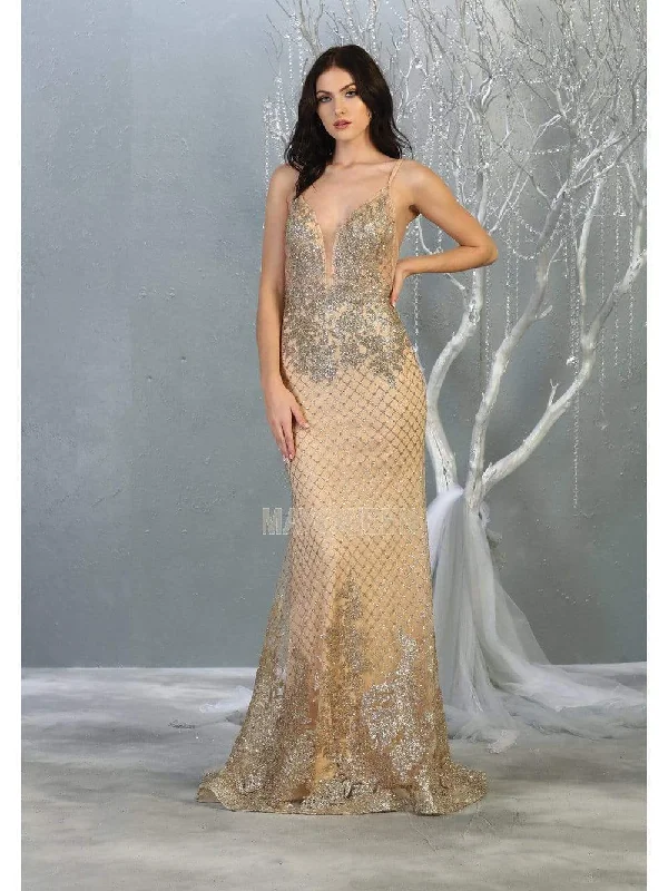 May Queen - RQ7845 Glitter V Back Sheath Evening Dress