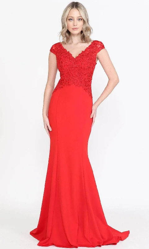 Poly USA 8558 - Embroidered Jersey V-Neck Evening Dress