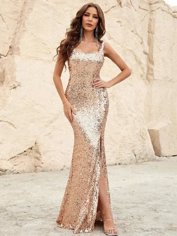 Square Neck Sleeveless Split Thigh Sequin Party Dress