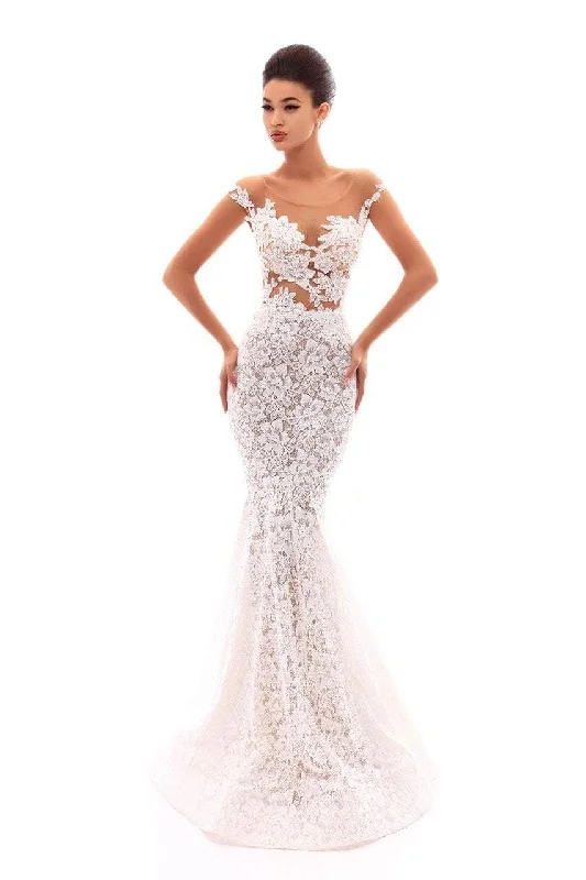 Tarik Ediz Cap Sleeve Illusion Lace Mermaid Gown 50232 - 1 pc Ivory In Size 4 Available