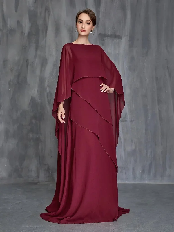 Womens' Solid Layered Hem Chiffon Cape Gown