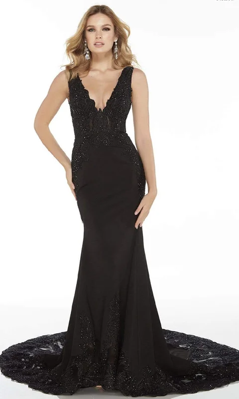 Alyce Paris - 5065 Embroidered Deep V-neck Trumpet Dress