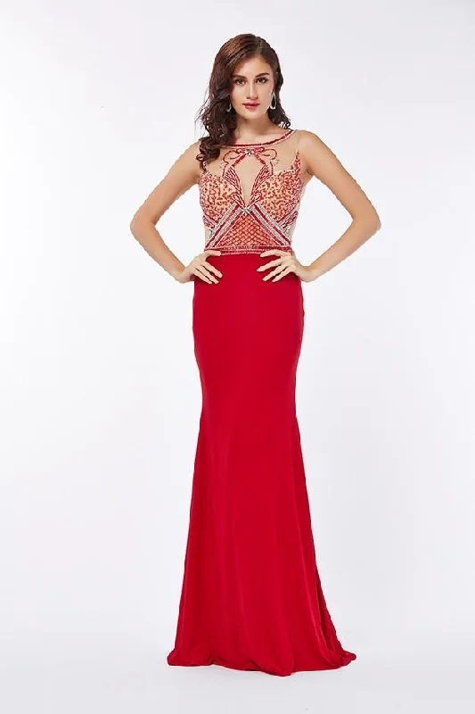 Angela & Alison - Sleeveless Hourglass Illusion Beaded Mermaid Dress - 1 pc Hot Red In Size 14 Available