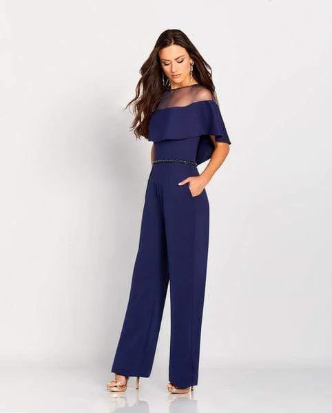 Cameron Blake by Mon Cheri - Beaded Illusion Neck Jumpsuit 119665 - 1 Pc Navy in Size 14 Available