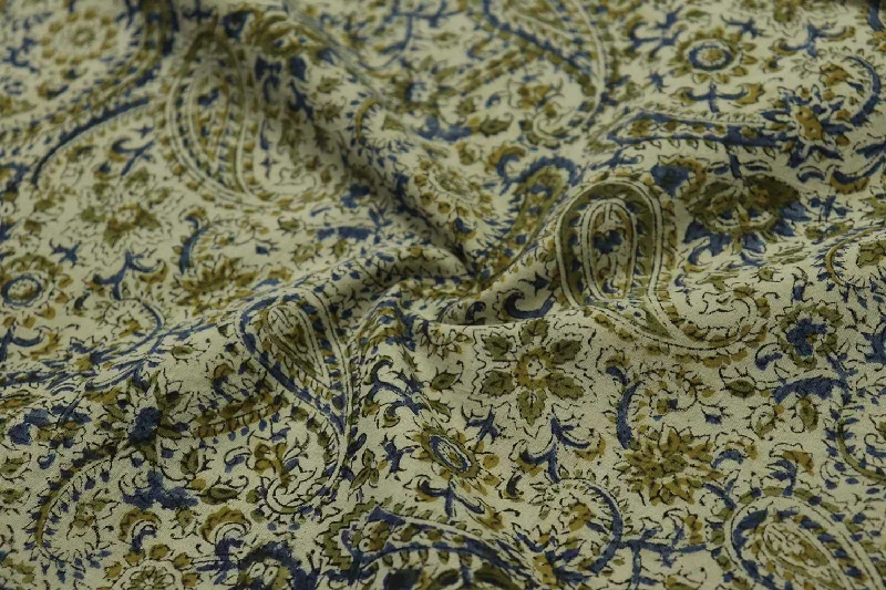 Ceame, Olive Green Kalamkari & Blue Cotton Cambric Fabric