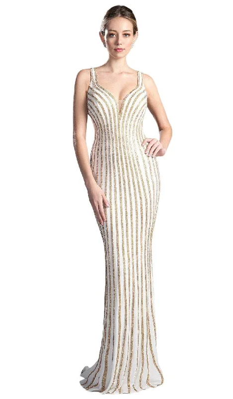 Cinderella Divine - Gold Beaded V-neck Sheath Prom Dress