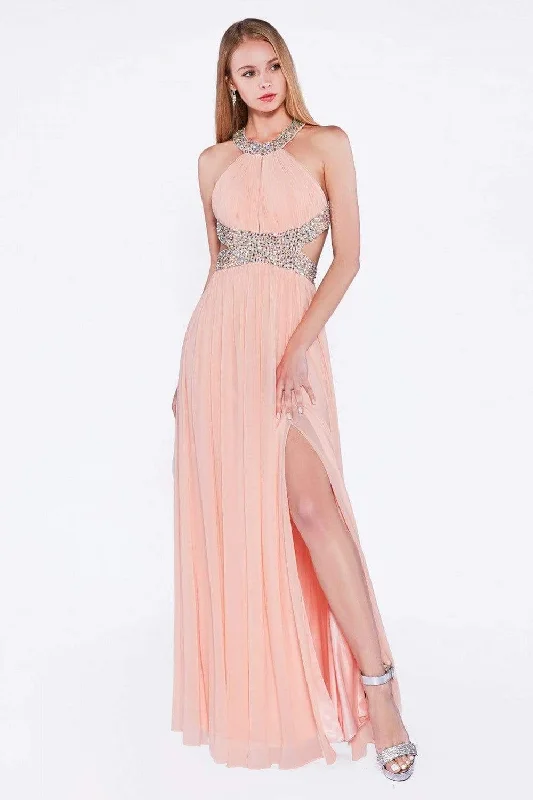 Cinderella Divine - J714 Bejeweled Halter Ruched A-line Dress