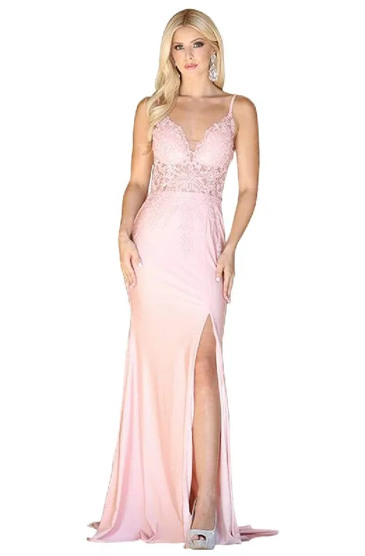 Dancing Queen - 4091 Appliqued Plunging Prom Dress with Slit