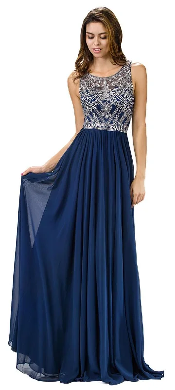 Dancing Queen 9282 Rhinestone Crusted Illusion A-Line Navy Prom Dress