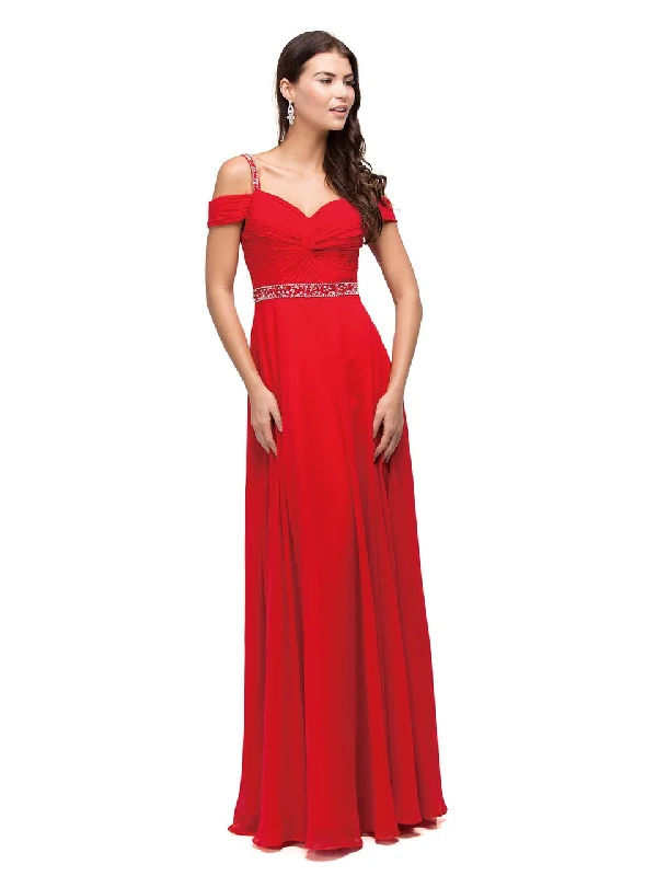 Dancing Queen 9718 Ruched Bejeweled Cold Shoulder Red Chiffon Dress