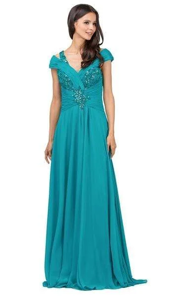 Dancing Queen - Embellished Ruched V-neck A-line Prom Dress 9043 - 1 pc Teal In Size S Available