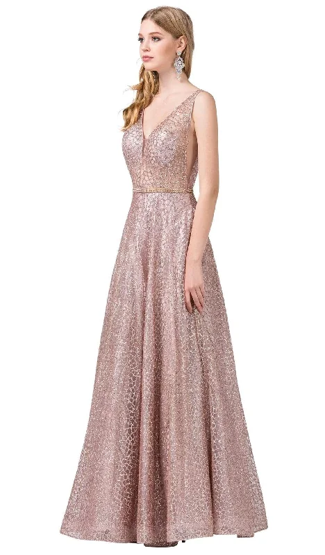 Dancing Queen - Illusion Plunging V-Neck Glitter Mesh Prom Dress 2593