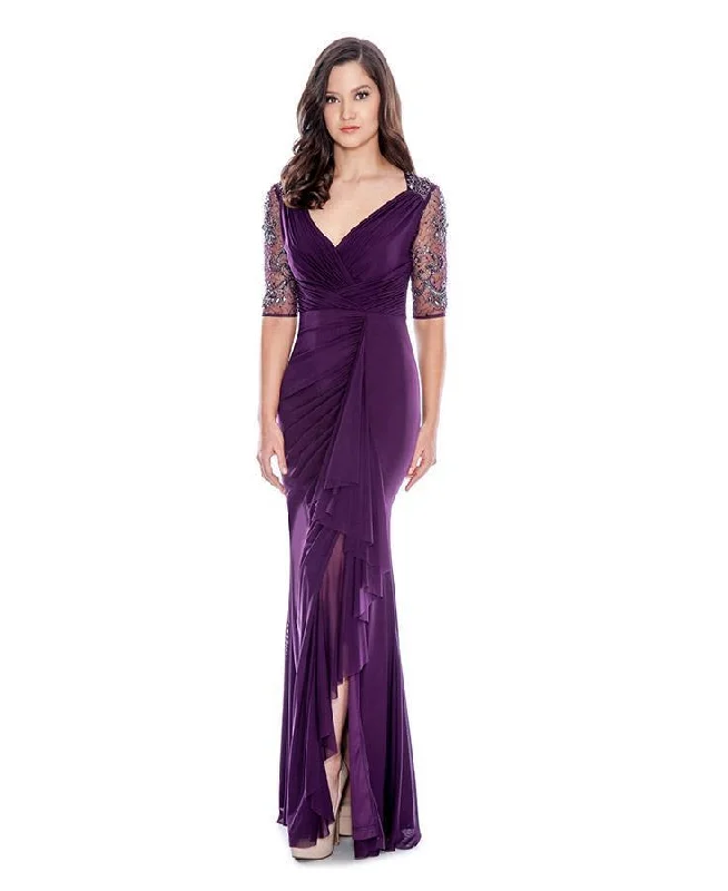 Decode 1.8 183213 V Neck Beaded Illusion Sleeves Draped Jersey Dress - 1 Pc. Plum in size 6 Available